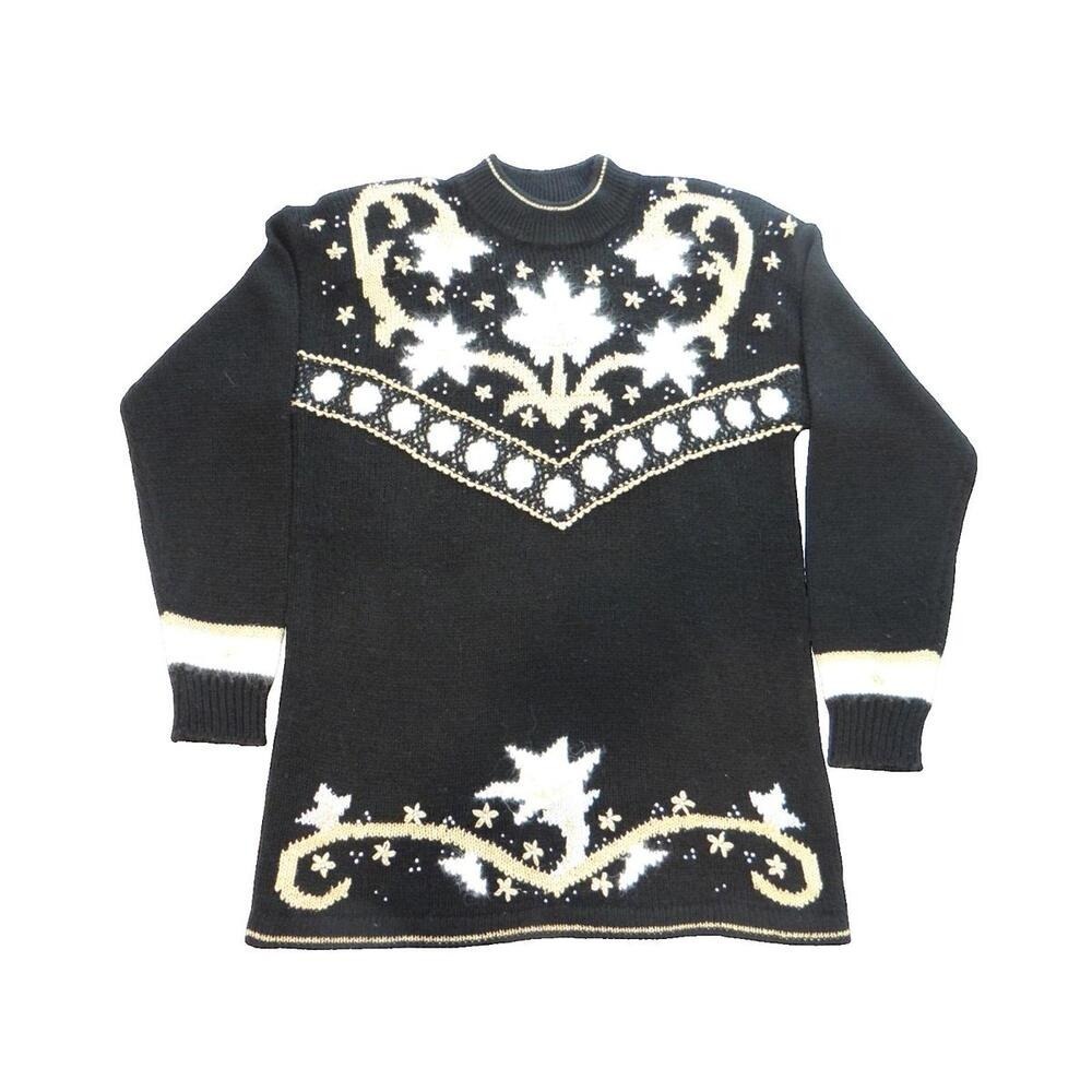 Vintage Dana Scott Black Gold Metallic Floral Beaded Mock Neck Sweater size L